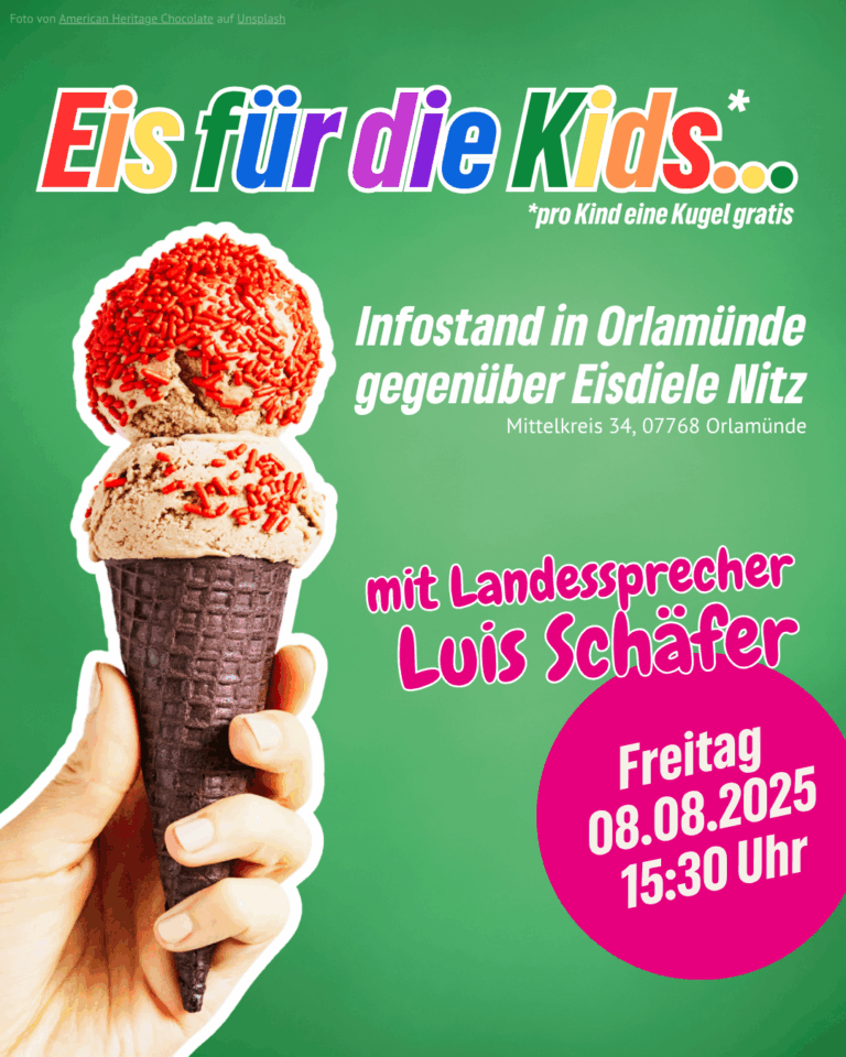 Grüner Infostand mit Landessprecher Luis Schäfer – Eis für die Kids, Austausch für die Großen